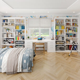 Kids Room Cabinetry in white with a bed in the foreground