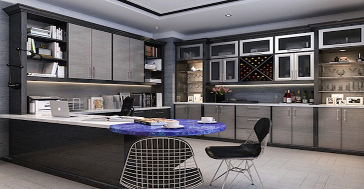 contemporary style office and wine tasting room