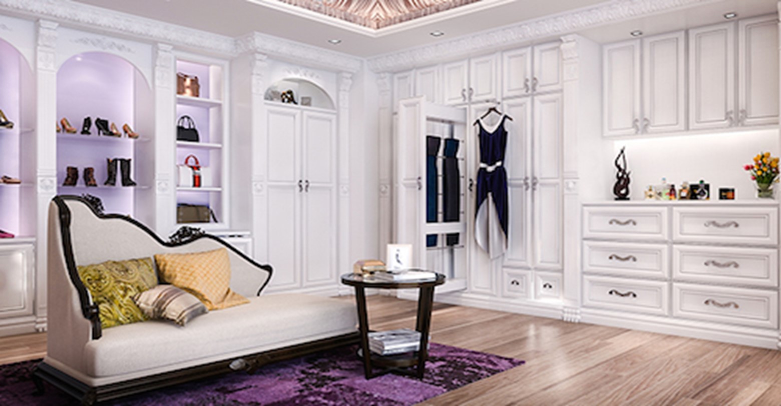 elegant white Hollywood Regency style walk-in closet