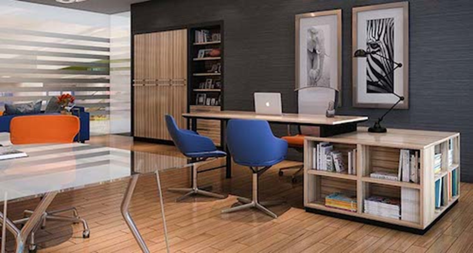 A modern style office with cabinetry