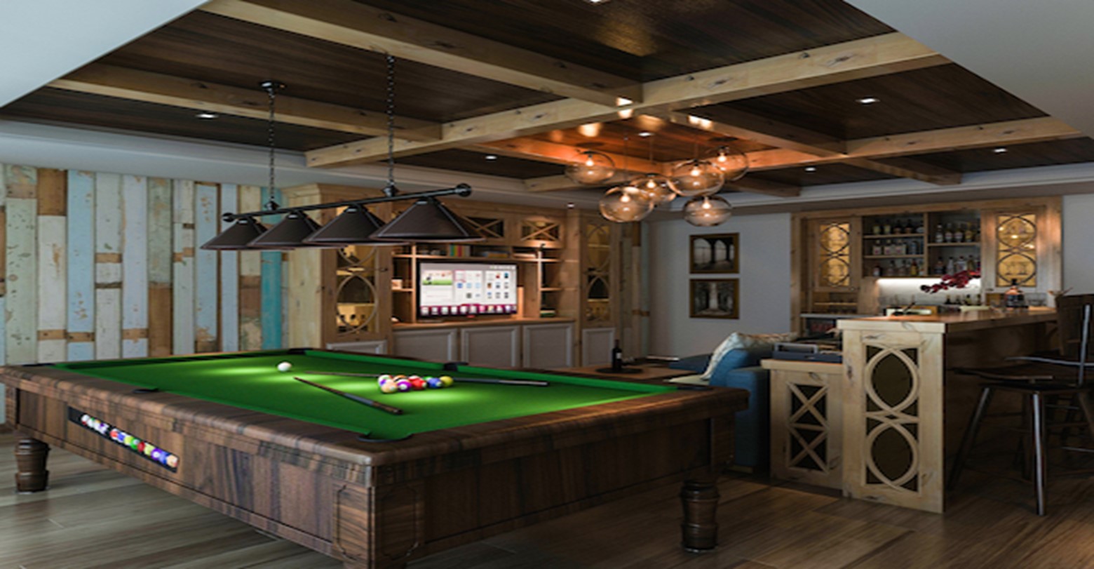 Rustic style billiards room and entertainment center