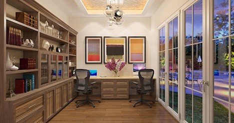 transitional-style office with windows all along one wall
