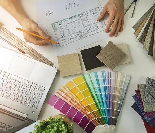 Designer with swatches and plans