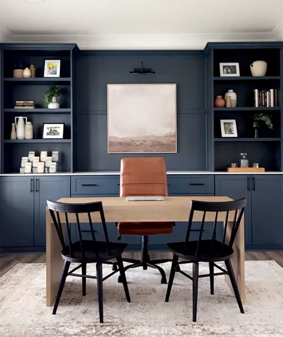 Home office with built in cabinets in color Mysterious with Mision doors