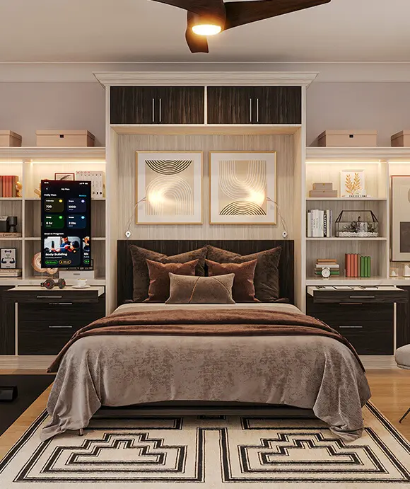 Custom bedroom with a wall bed surrounded by built-in shelving and cabinets in rich wood tones