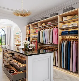 Elegant walk-in closet with custom shelving, hanging space, and a central island with velvet-lined drawers. Natural light, gold accents