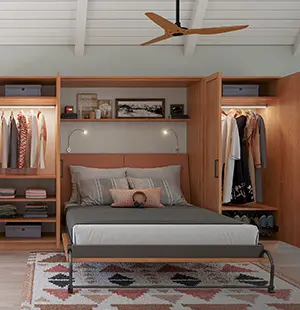 Modern bedroom with a wall bed flanked by custom built-in wardrobes and open shelving