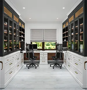 Dual home office with black and white custom cabinetry, glass-front upper cabinets, ergonomic chairs, and a large window offering natural light
