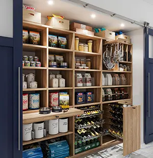 Custom open pantry with wood shelving, built-in wine storage, pull-out drawers, and dedicated zones for dry goods, cookware, and bulk items