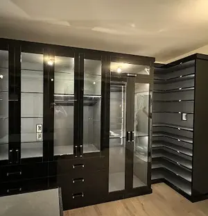black custom closet with glass inserted doors