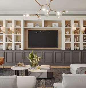 Entertainment center with Two tone Fog Grey/Classic White and Crown and Base Molding