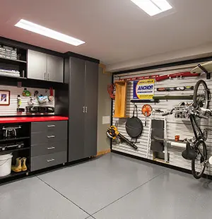 custom garage with Slatwall organizer in fog gray color