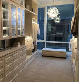 custom walk in closet with LED lighting and glass front doors