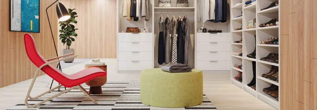 Custom shoe closet with sitting area Closet Factory OC