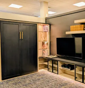multi propose room with a entertainment center and wall bed