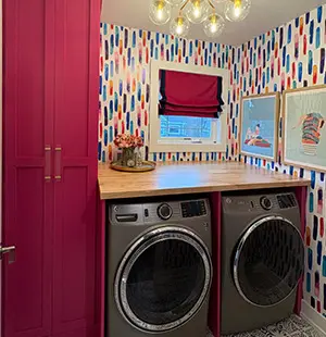 Laundry Room Cabinets Custom Painted Pink Finish; Butcher Block Countertop