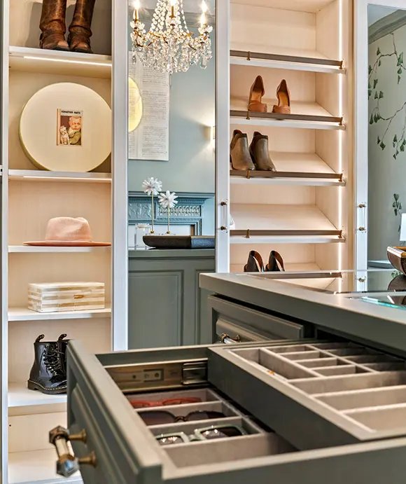 Closet Factory Richmond Celadon melamine with diva backing Glass top island with a double decker velvet jewelry drawer