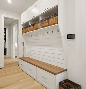 Laundry room with Loft Oak laminate bench seat Horizontal shiplap backing