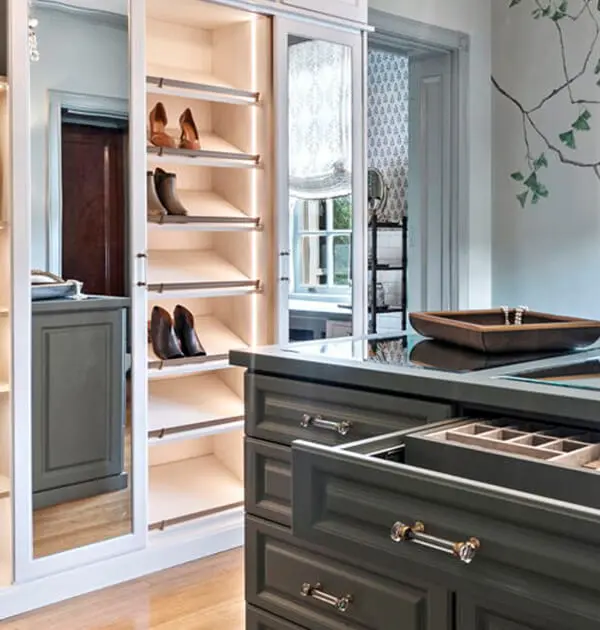 Dressing room with elite toe stops, velvet jewelry drawers and LED strip lighting