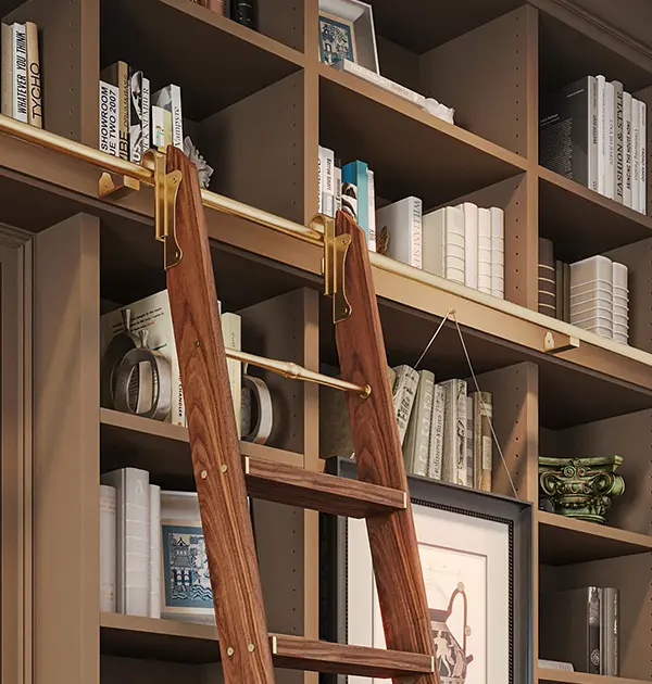 Rolling wood ladder in custom home library