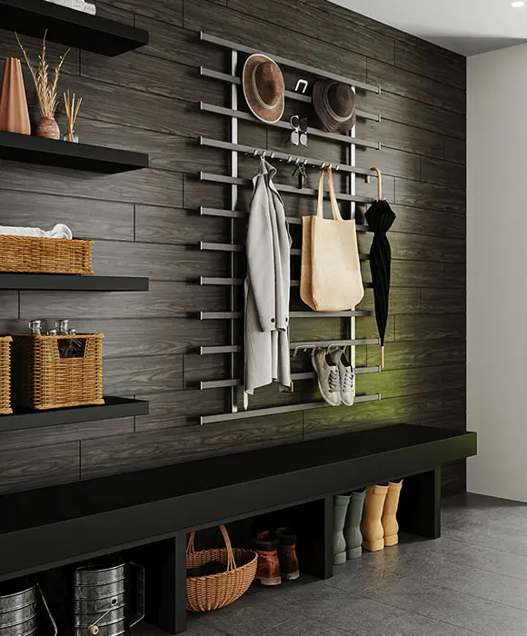 Mudroom with custom shelving and hanging rods