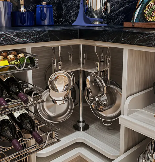 Lazy Susan with pot & pan organization and white racks