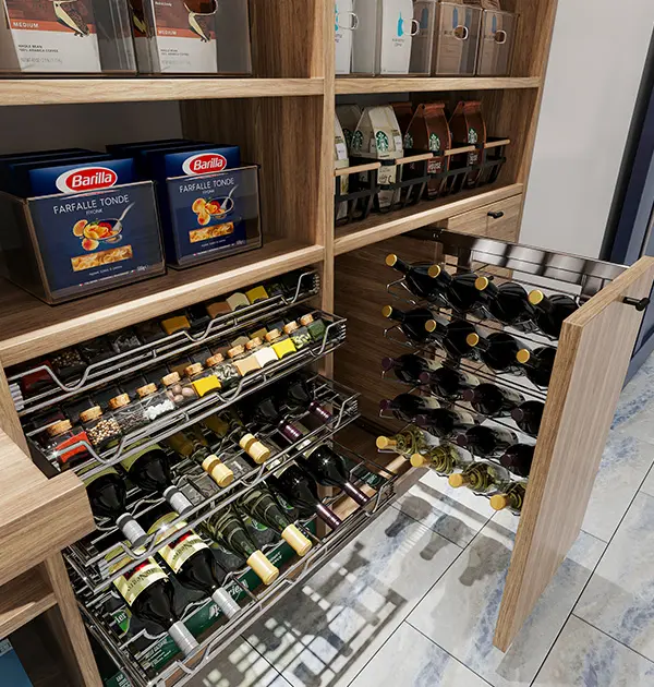 Custom wine metal organizers and bottle racks in custom pantry