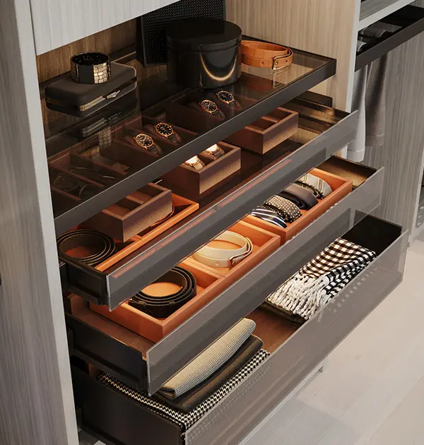 Glass-front drawer system with watch trays, belt compartments, and lined accessory organizers in a luxury closet.