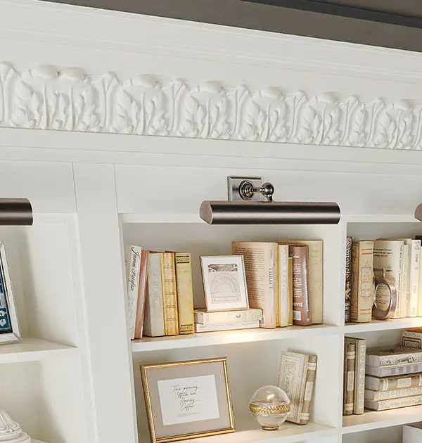 Shelving with overhead lighting and crown molding