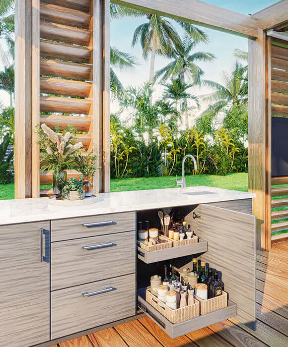 Outdoor patio cabinetry and drawers