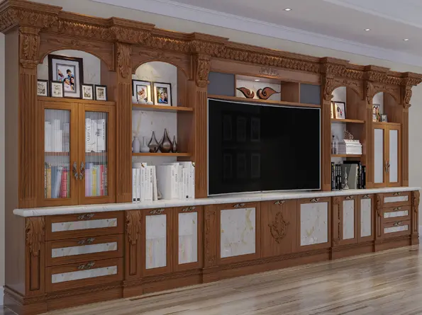 Entertainment center wall unit in walnut wood veneer
