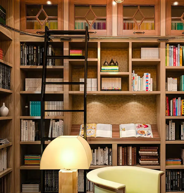 Library rolling ladder, and slanted display shelf for large books