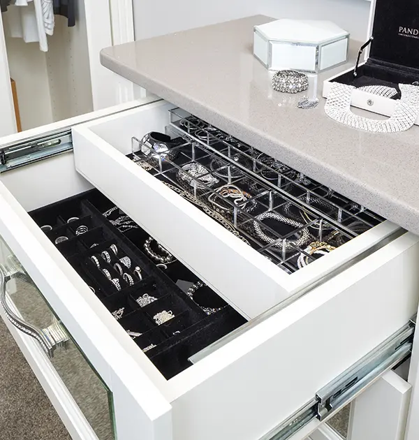 Double deck jewelry drawer with velvet bottom, sliding upper with Lucite inserts. Removable Lucite top tray for earrings