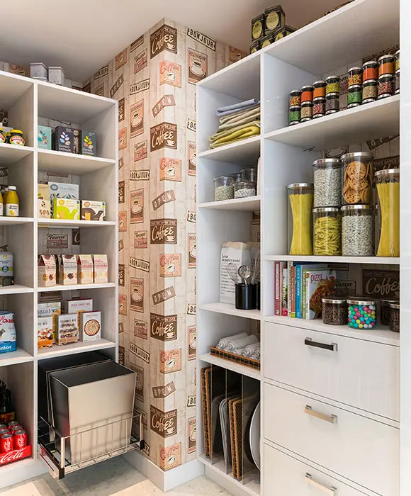 Custom pantry with pull out trashcan and custom shelving