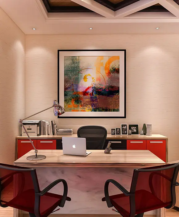 Free standing desk in office with custom lower cabinetry