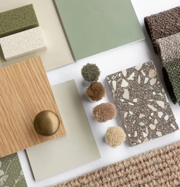 Assorted material samples including wood, laminate, fabric, and textured finishes.