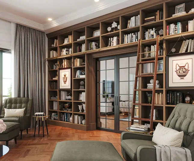 custom library built around a door entry