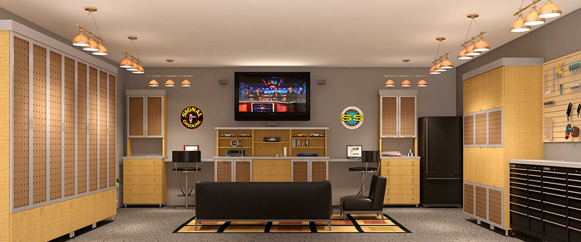 Custom garage with wall storage, workstations, media center, and tool organization.