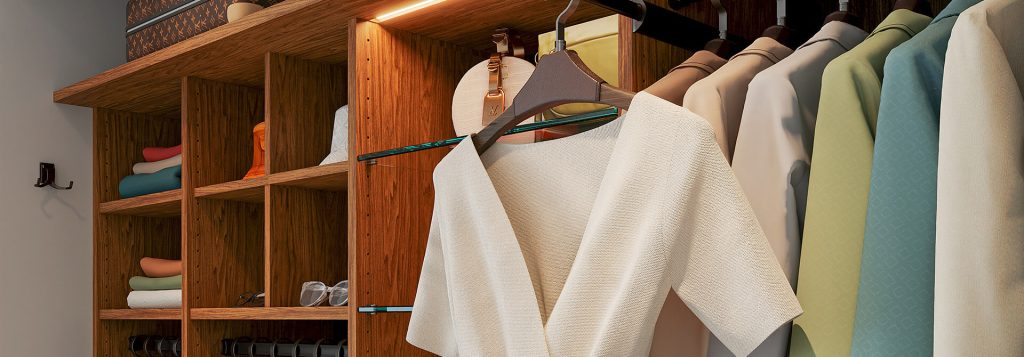 Custom closet shelving with garment hanging rods