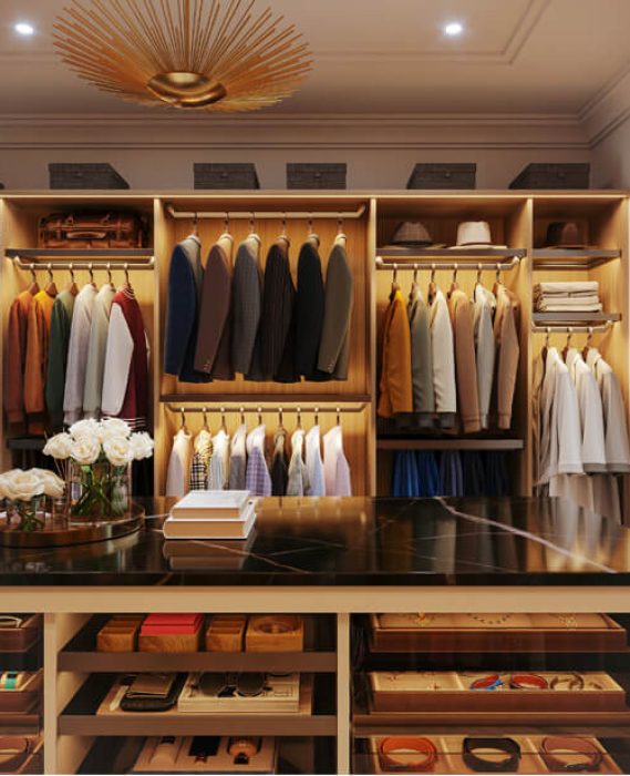 Masculine closet with amber lighting, black marble countertop on the island, two-tier hanging rods for suits and shirts, and top-shelf hat and luggage storage