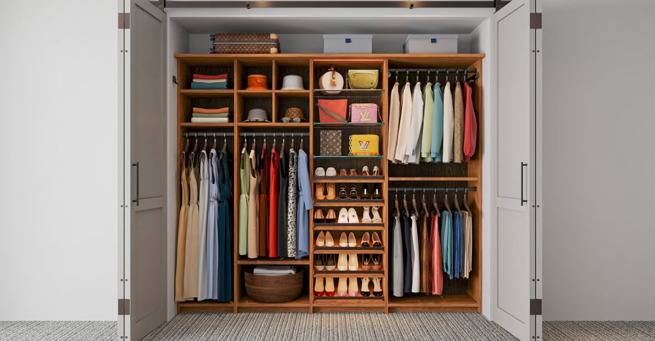Reach-in custom closet system Glass shoe shelves, triple-hang wardrobe rods, and overhead cubbies optimize every inch of this reach-in closet.