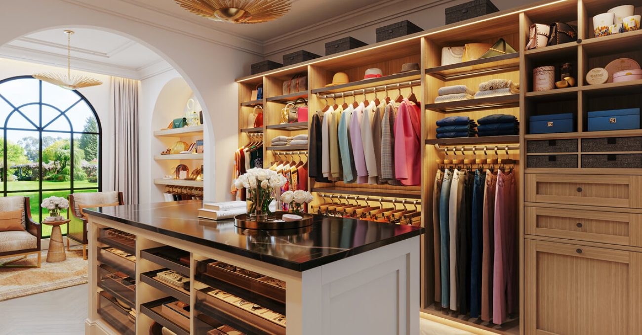 Custom dressing room Rhapsody woodgrain system with illuminated wardrobe rods, angled shoe shelves, velvet-lined jewelry drawers, and glass-front island storage.