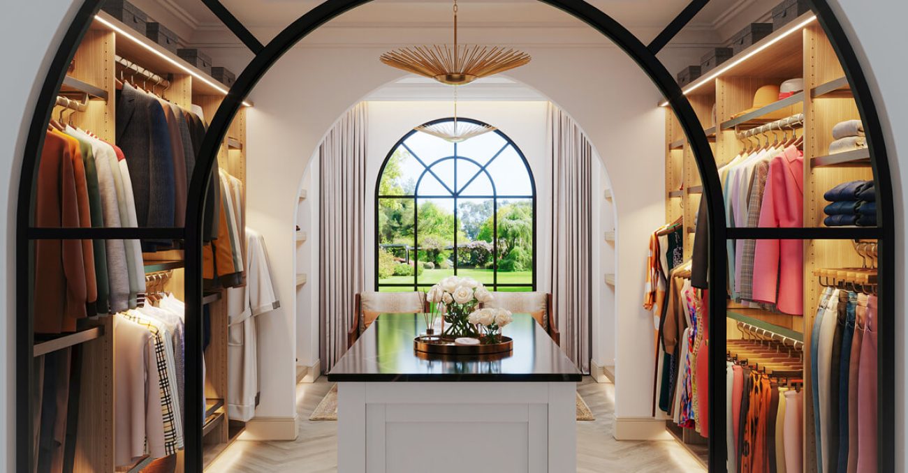 Spacious custom walk-in closet with abundant wardrobe space, center island storage