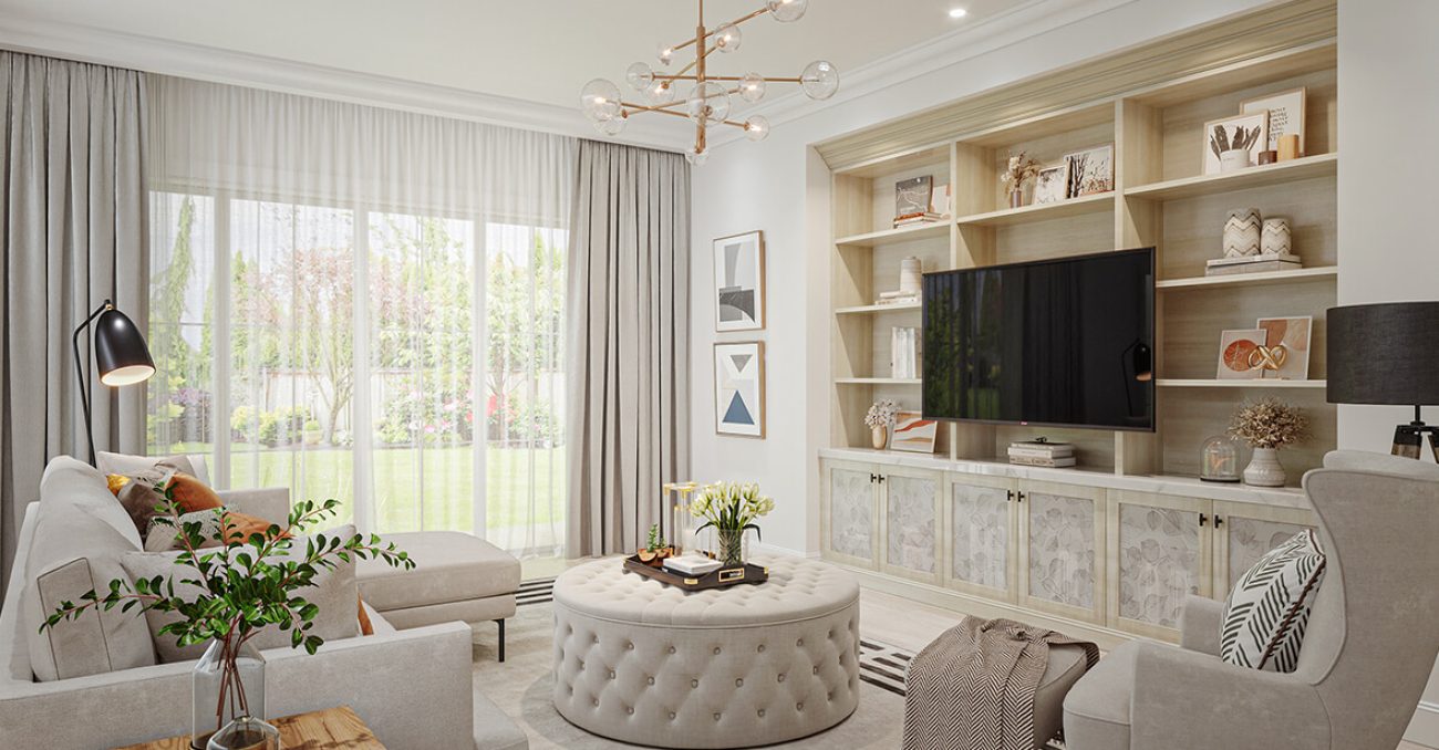 Custom built-ins in living room in light woodgrain finish