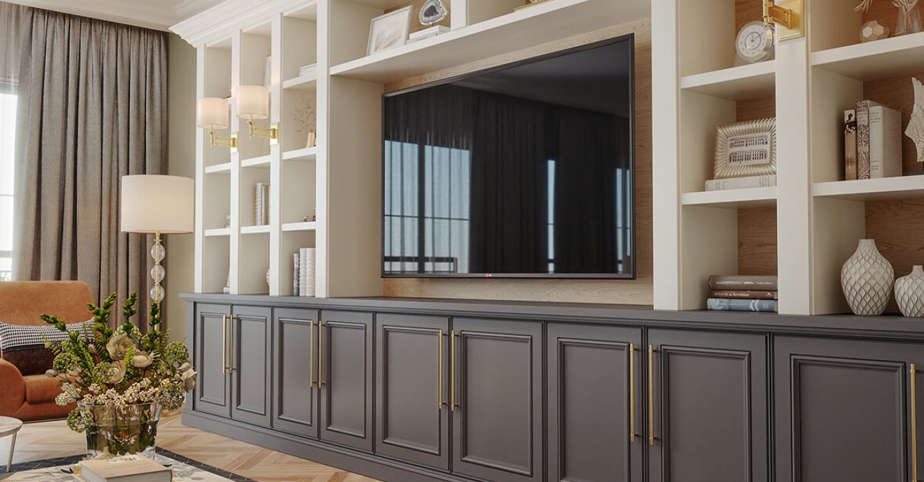 Custom built-in entertainment center with media cabinets