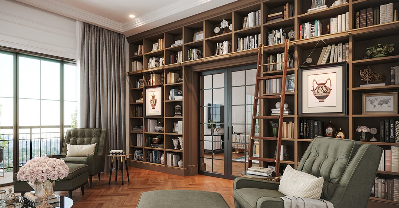 Custom library book shelves with rolling wood ladder and LED lighting