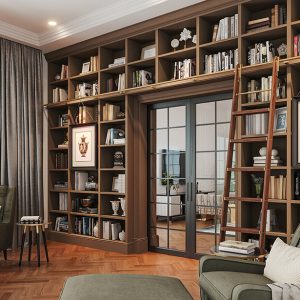 Custom library book shelves with rolling wood ladder and LED lighting