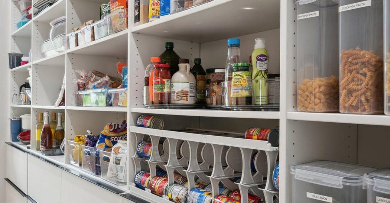 Custom pantry with labeled clear bins, rotating trays, and a can dispenser for organized food and drink storage.
