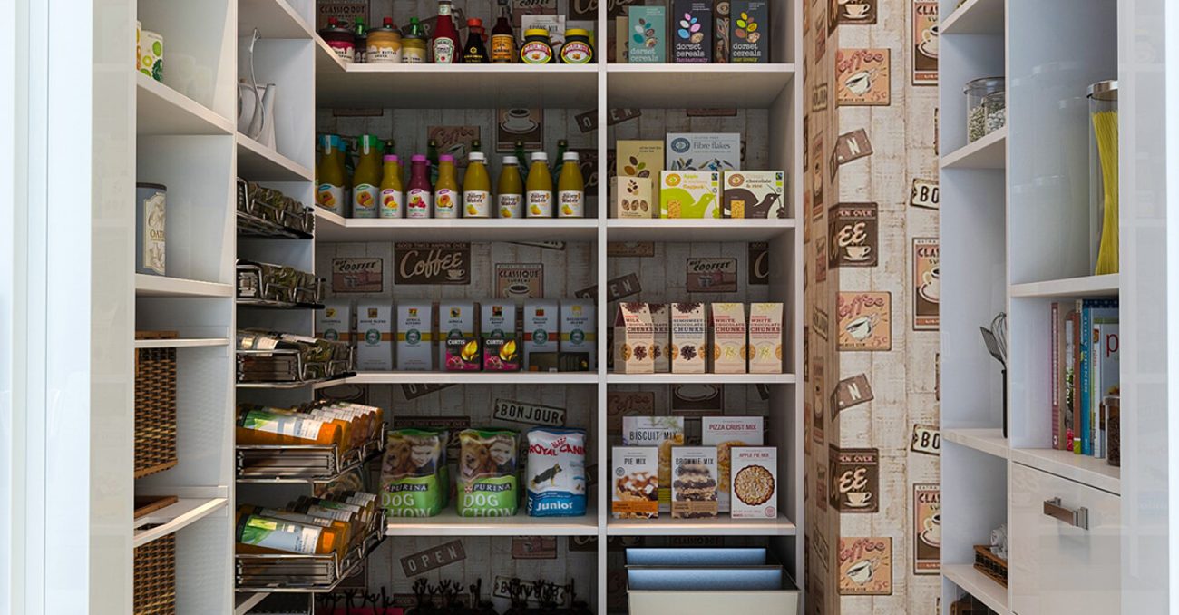 Walk-in pantry featuring retro café wallpaper, fully stocked open shelving, and sliding racks for spices and snacks.