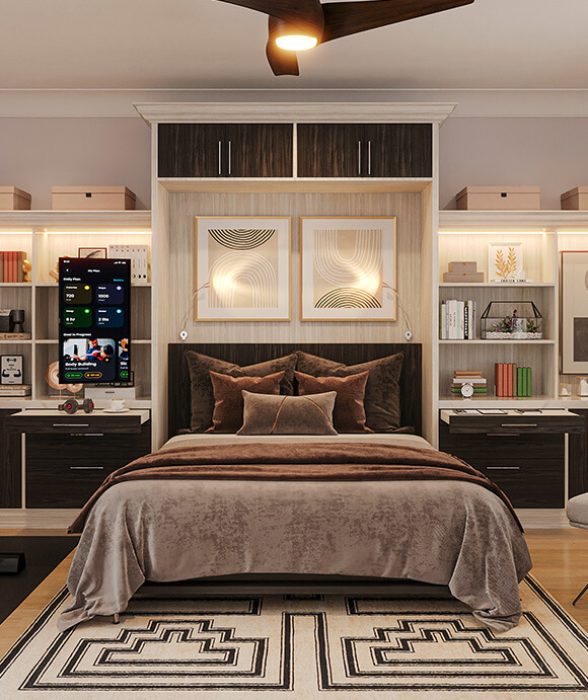 A modern bedroom with a built-in wall unit surrounding the bed, featuring rich brown tones, integrated lighting, geometric artwork, and a cozy bed with layered pillows and throws